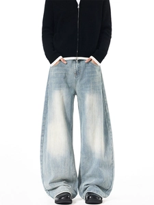 Men's light blue wide-leg jeans with vintage washed effect and relaxed baggy fit