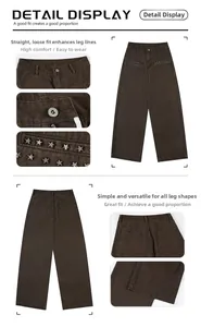 Detail display of brown cargo pants featuring metal star rivets on the waist and pockets