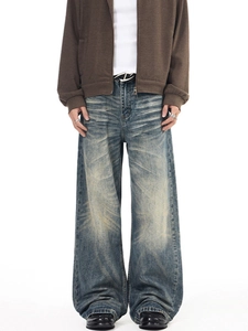Retro American high street wide leg jeans with distressed cat-whisker wash and vintage finish