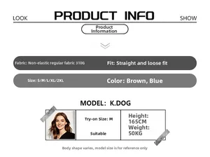 Size chart for baggy cargo pants showing fabric specs and model measurements