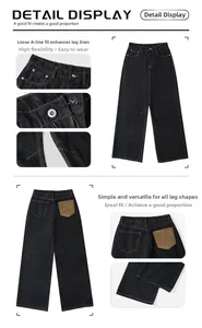 Detailed views of dark grey baggy jeans with contrast pocket and embroidery
