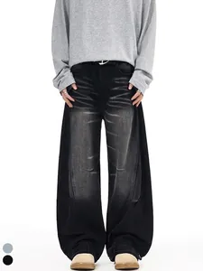 Men American Vintage High Street Washed Denim Jeans Oversize Wide Leg Straight Curved Seam Streetwear Casual Pants Trousers