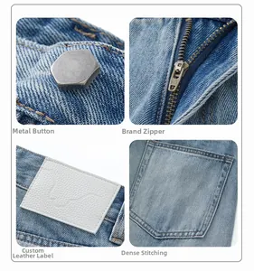 Détails de la fermeture SBS, du bouton métal et du patch cuir sur le jean bleu clair