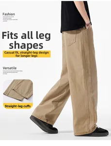 Dettaglio dei pantaloni kaki a gamba dritta con vestibilità ampia e tessuto premium