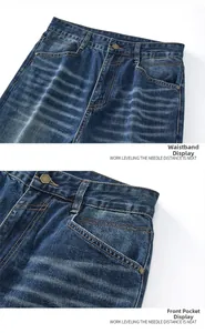Dettaglio della vita alta e della tasca anteriore di jeans vintage blu scuro lavati