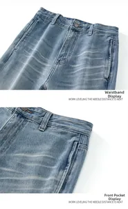 Vue détaillée de la taille et des poches avant d'un jean délavé bleu clair à moustaches
