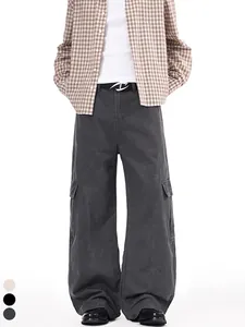 American High Street Vintage Men's Cargo Pants 100% Cotton Wide Leg Multi-Pocket Casual Washed Straight Trousers Streetwear