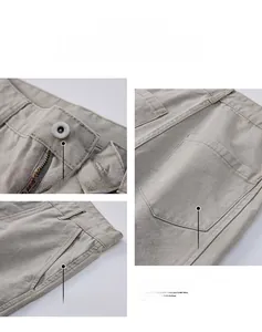 Vue détaillée du pantalon kaki avec taille boutonnée, poches avant et poches arrière