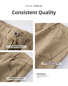 Dettaglio dei pantaloni larghi kaki con vita a bottoni e ampie tasche anteriori