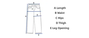 Size chart showing measurement points for length, waist, hip, thigh, and leg opening