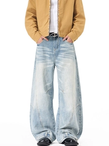Men's light blue wide-leg jeans with vintage cat whiskers wash and 3D curved seam tailoring