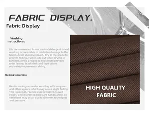 Détails du tissu denim marron foncé avec instructions de lavage et de soin du vêtement