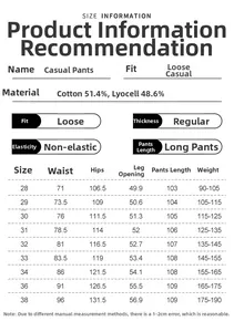 Tabella taglie per pantaloni casual larghi in misto cotone lyocell a gamba larga