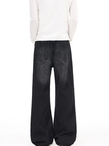 Men's vintage washed black high street vibe loose wide leg flared denim jeans from the back
