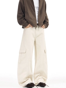Retro cream white high-waist cargo wide-leg pants with large flap side pockets for women