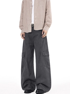 Men's high street vintage washed wide-leg cargo pants in dark grey color