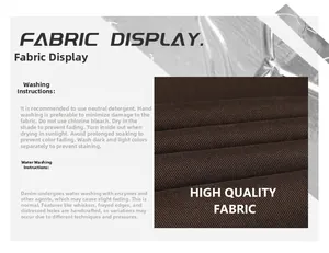 Macro detail of high-quality brown denim fabric texture with detailed washing instructions