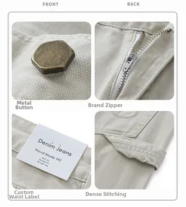 Dettaglio di bottone in metallo retro, zip SBS e etichetta di vestibilità su pantaloni tela