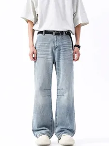 Jeans Homme High Street Américain Lavage Bleu Clair Jambe Large Vintage Pantalon Denim Droit 100% Coton Décontracté