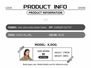 Size chart for baggy blue denim pants with curved cut and 400G fabric details