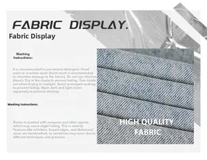 Detail view of denim fabric with professional washing and care instructions for jeans