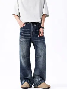 Jeans in Denim Lavato American High Street Retro da Uomo Pantaloni Dritti a Gamba Larga Distressed Con Dettagli Splicing Baffi