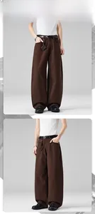 Vue détaillée du pantalon marron large avec coupe décontractée et style ceinture