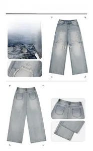 Macro detail of ripped knee holes and frayed edges on light blue loose-fit denim jeans