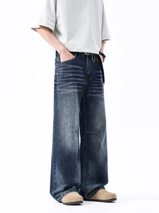 Jeans dritti da uomo stile retrò blu scuro con lavaggio whiskers e vestibilità ampia