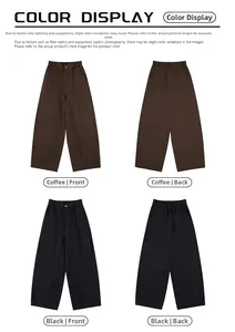 Front and back views of brown and black wide-leg cotton pants with elastic waist