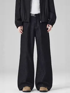Men High Street Wide Leg Jeans Patchwork Leather Pocket Straight Denim Pants Casual Loose Cotton Washed Trousers For Men