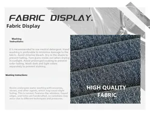 Dettaglio della trama del tessuto denim con istruzioni professionali per lavaggio e cura