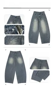 Dettagli dei jeans baggy con taglio curvo in denim lavato blu e ricamo della lettera H