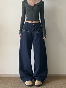 Women's dark blue wide-leg trousers with silver star studs and minimalist casual style