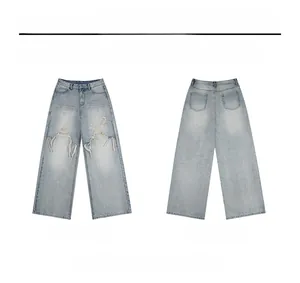 Detail of light blue distressed jeans showing ripped knees and front and back views