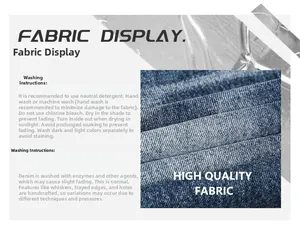 Gros plan sur la texture denim bleu foncé avec sergé délavé et conseils d'entretien