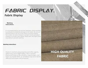 Close-up of vintage brown twill fabric with detailed washing and care instructions