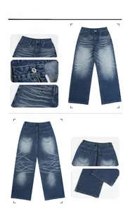 Détails du jean bleu foncé délavé avec texture vintage moustaches de chat et taille haute