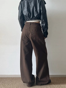 Women's dark brown wide-leg cargo pants with a loose straight-cut fit and back pockets