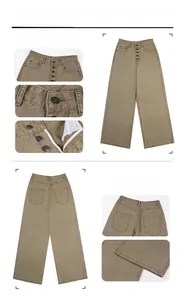 Macro detail of khaki vintage-wash straight pants featuring 5-button fly and twill texture