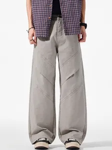 Pantalon Cargo Rétro Américain Pour Hommes Surpiqûres Diagonales Épissées Coupe Ample Jambe Droite Pantalon Décontracté En Pur Coton