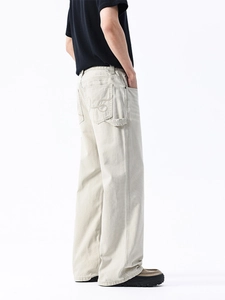 Pantaloni da lavoro da uomo retro beige in tela con gamba larga e passante attrezzi