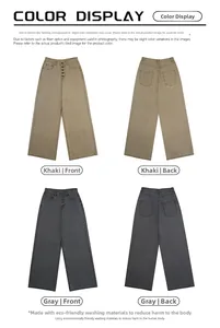 Detailed views of khaki and grey high-waist wide-leg utility trousers with button fly