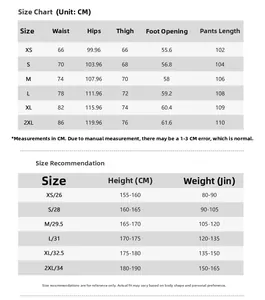 Guide des tailles pour pantalons cargo avec mesures détaillées de la taille XS à 2XL