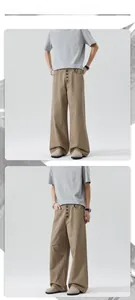 Close-up of khaki workwear pants featuring a unique four-button fly and wide-leg cut