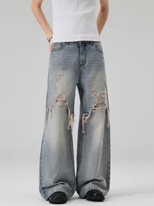 Men Streetwear Loose Wide Leg Ripped Jeans Light Blue Distressed Straight Baggy Denim Pants Casual High Street Trousers