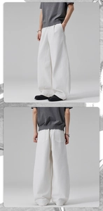 Detail view of men's white wide-leg cotton pants featuring a relaxed fit and back pockets