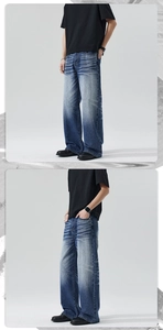 Détails du tissu denim bleu foncé délavé avec moustaches de style vintage rétro