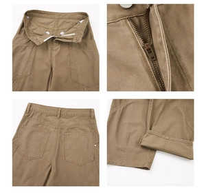 Detailansichten der Khaki-Cargo-Hose mit Metallschnalle, Reißverschluss und präzisen Nähten