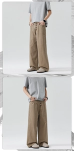Detailed view of the multi-button fly and texture of these vintage khaki straight-leg pants